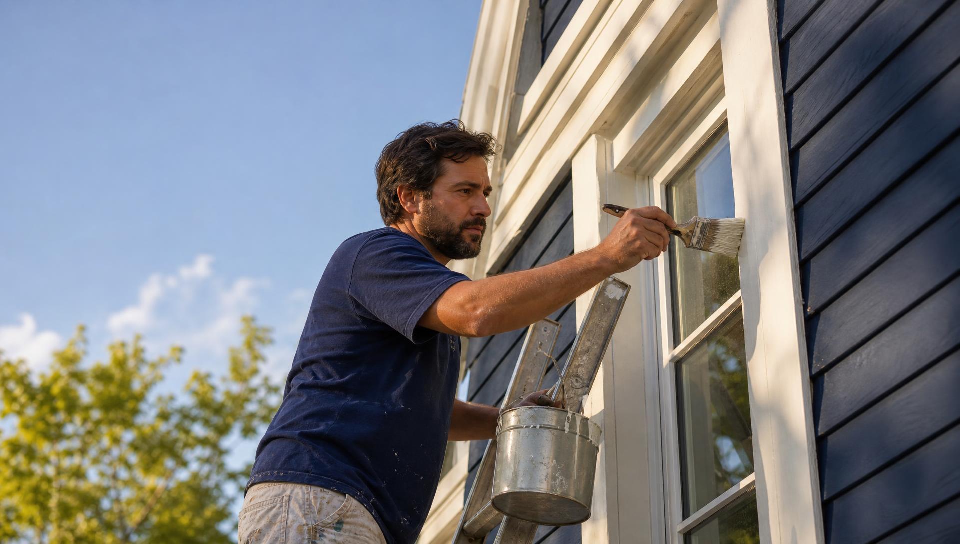 Peintre extérieur appliquant de la peinture blanche sur le déclin de bois d'une maison résidentielle de la Rive-Sud.